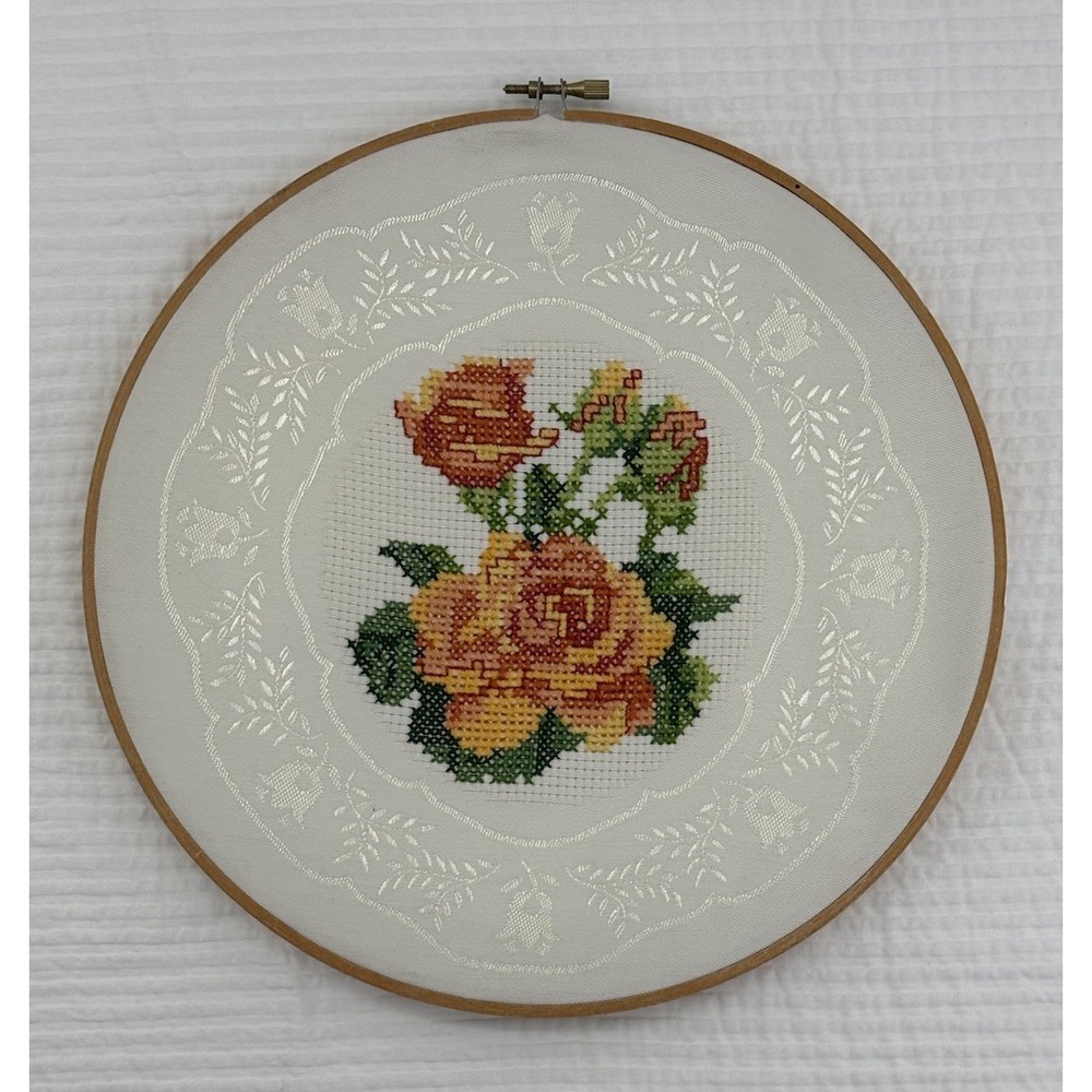Handcrafted Yellow Rose Cross-Stitch Wall Hoop